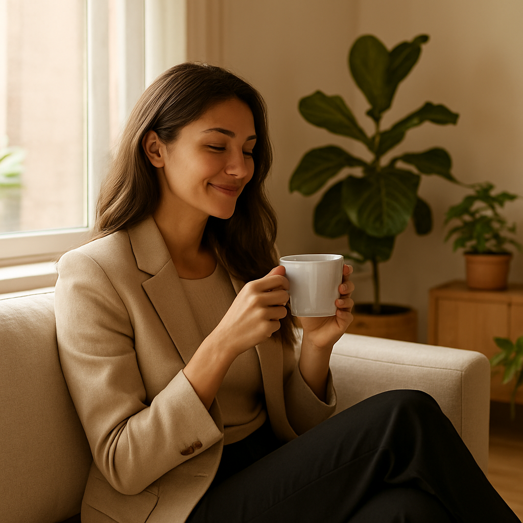 Persona disfrutando de un café junto a la ventana en REEDY Living